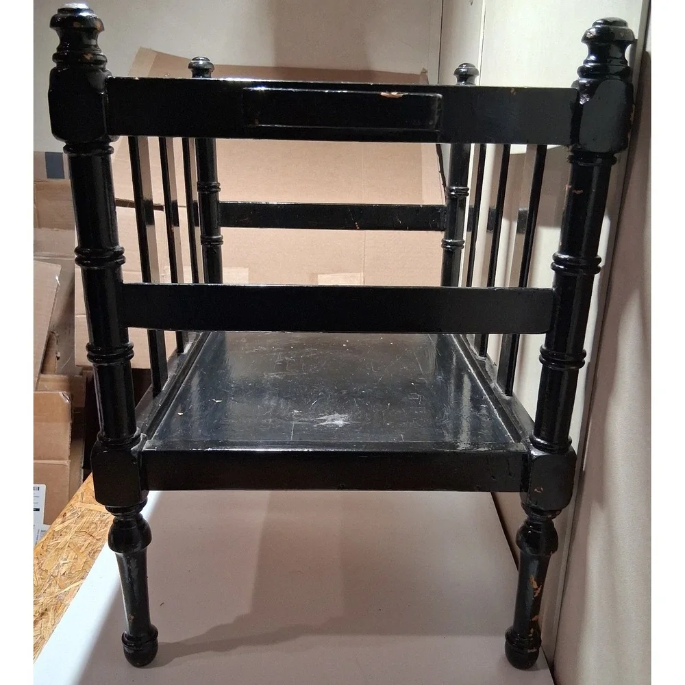 Vintage Black Wooden Spindle Magazine Rack Floor Stand Turned Wood Handle 17x12